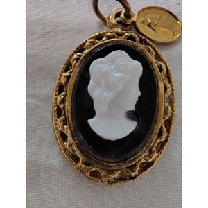 Vintage Black And Gold Tone Cameo Pendant With Immaculate Conception Mary Charm